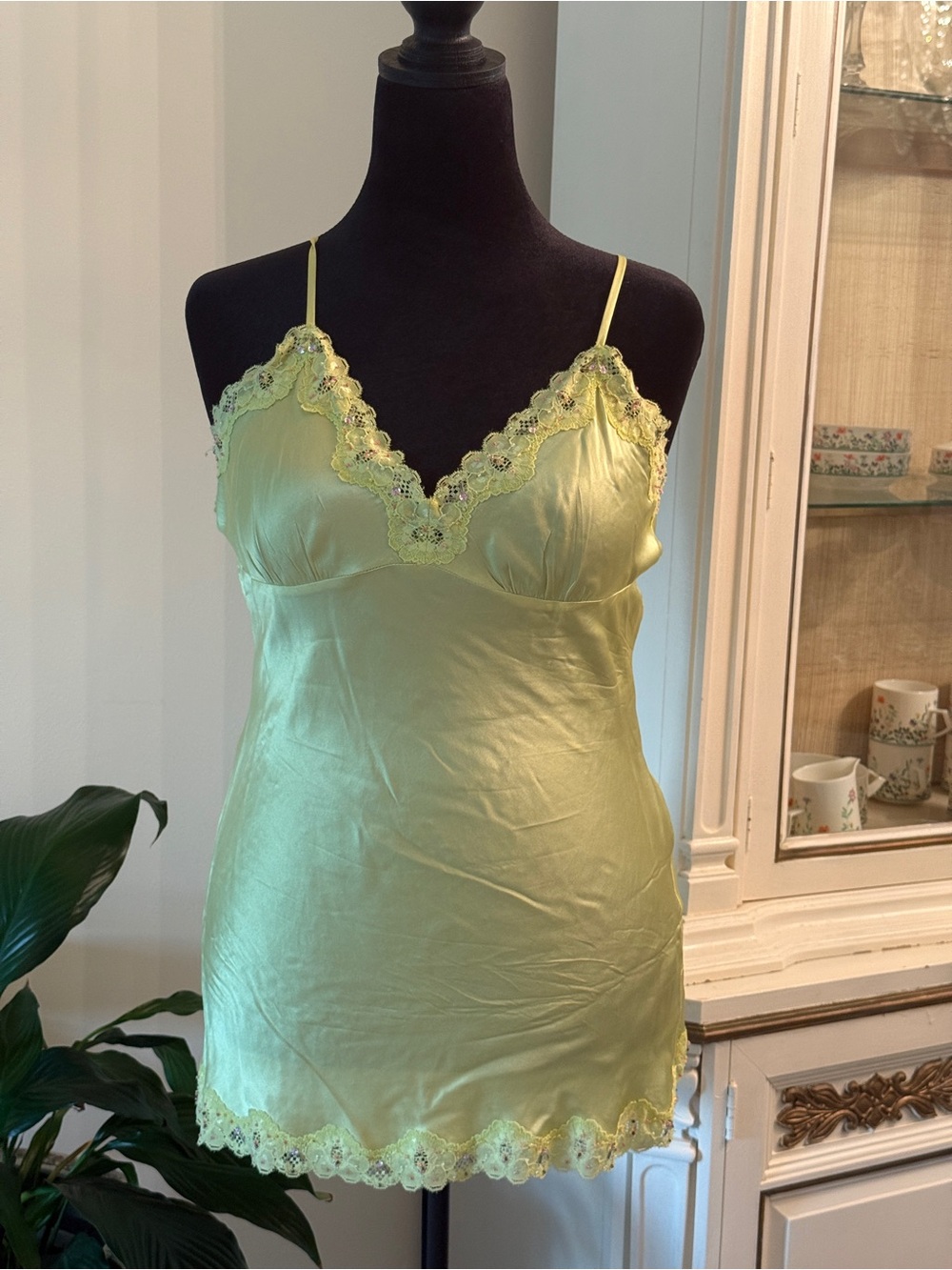 Central Park West Pale Yellow Lace-Trim Satin Slip